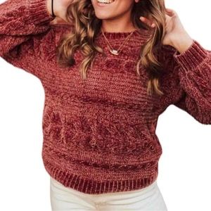 Pink Rose Chenille Cable Knit Pullover Sweater Size Medium